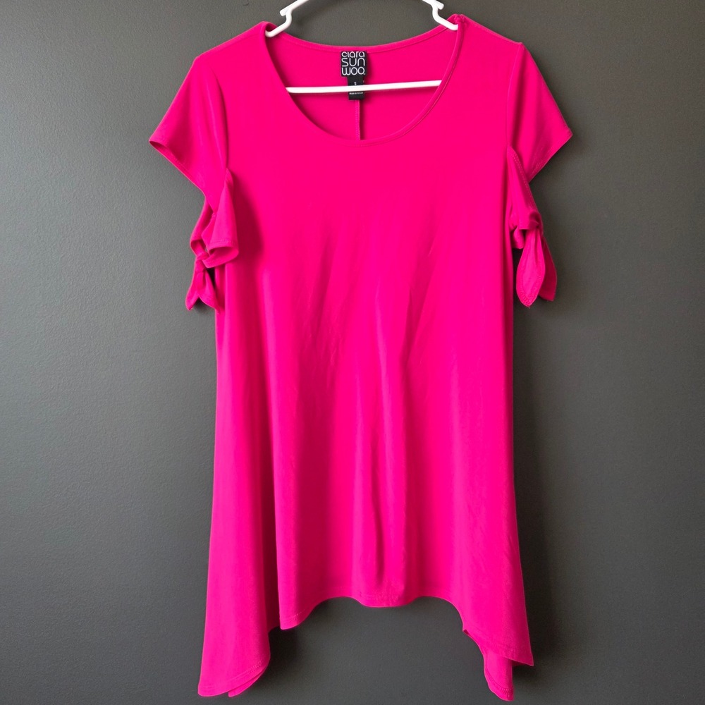 Clara Sunwoo Hot‎ Pink Sharkbite Tunic Top Short Sleeve Tie Detail Womens Small